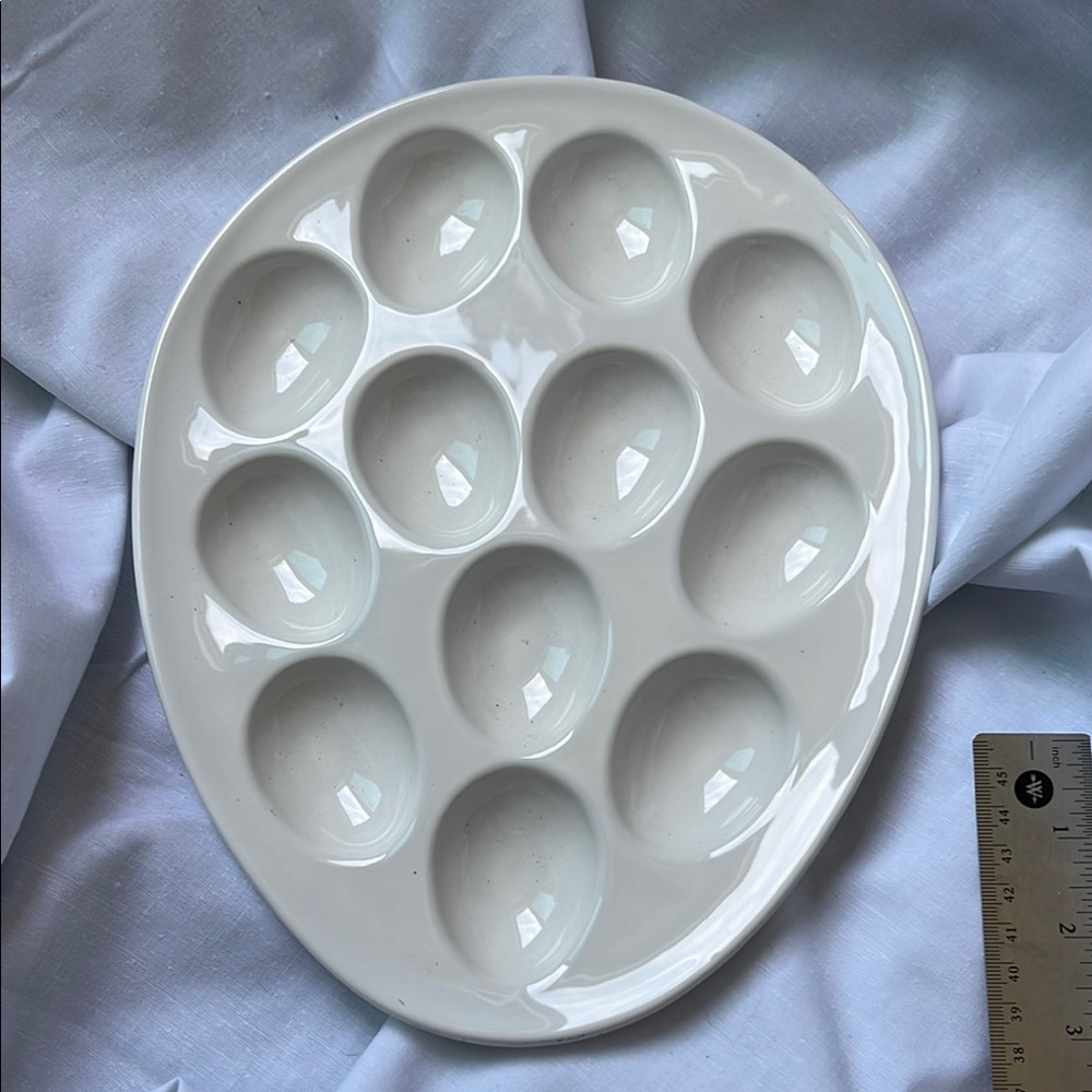 White Ceramic Oyster Serving Plate with 12 Indentations